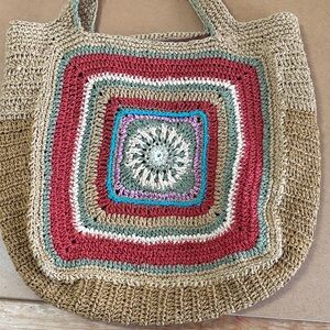Y2K Crochet Raffia Tote Bag Boho Festival Hippie Shoulder Bag Granny Square Vtg